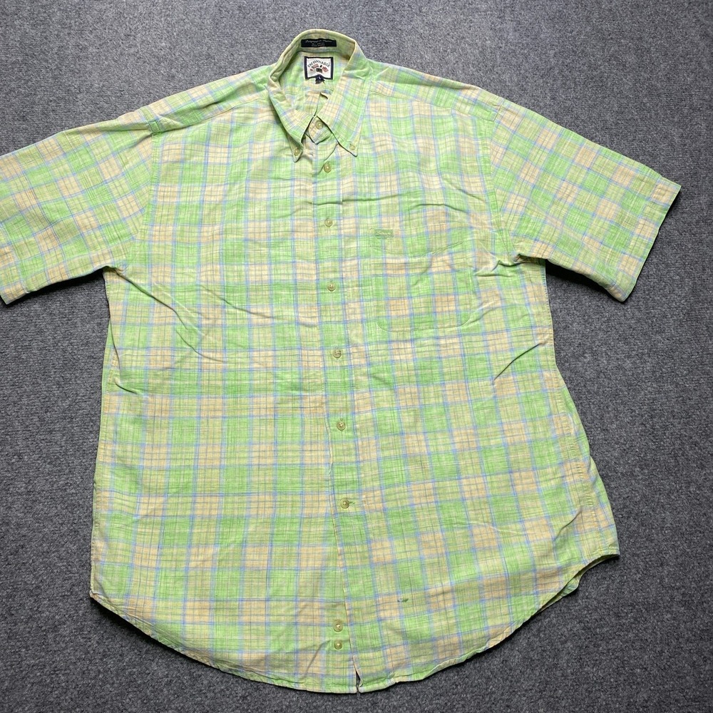Faconnable Shirt Men Large Green Yellow Plaid Pastel Short Sleeve Cotton Button